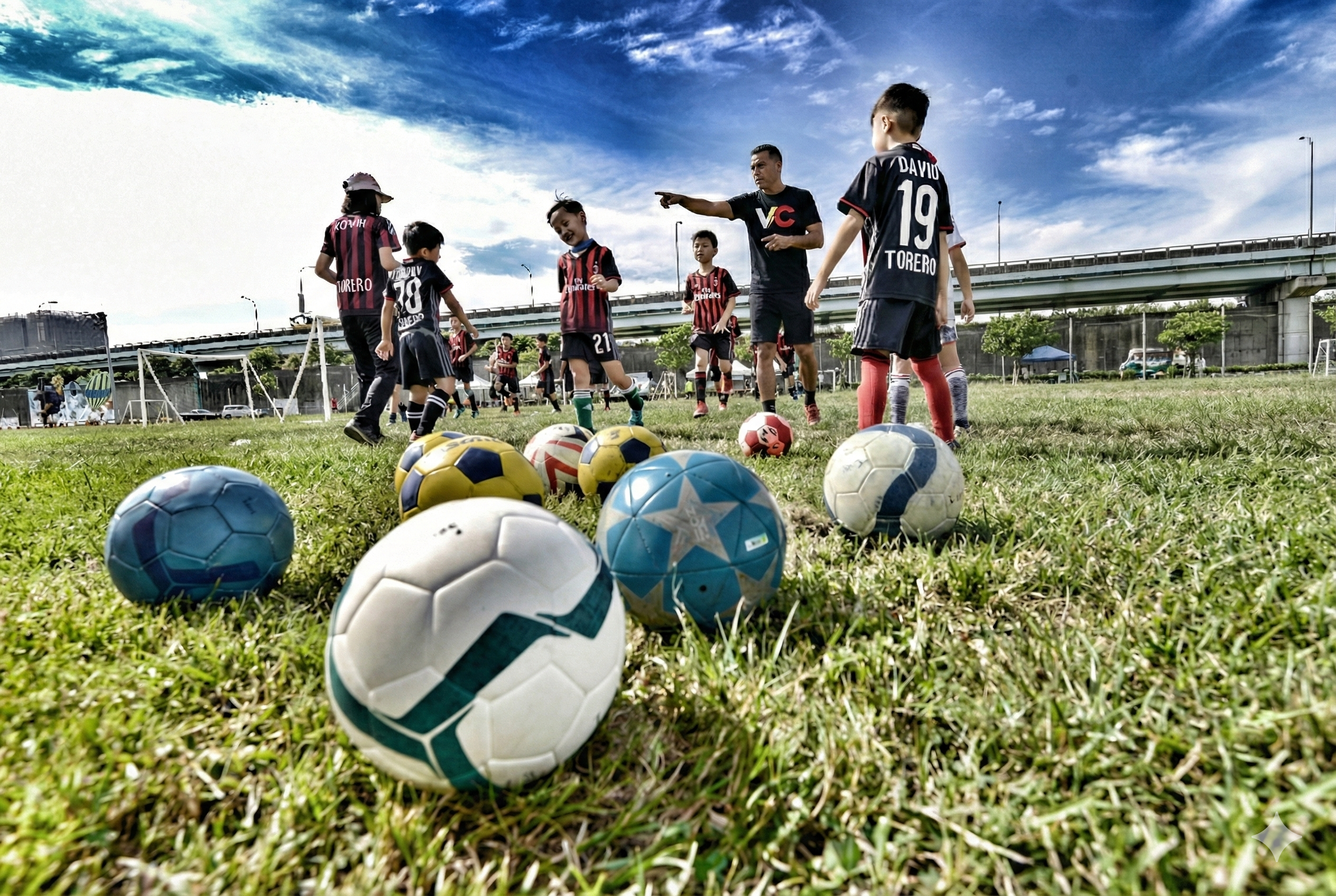 Grupo de niños entrenando fútbol en campo abierto con el entrenador Victor Cuellar